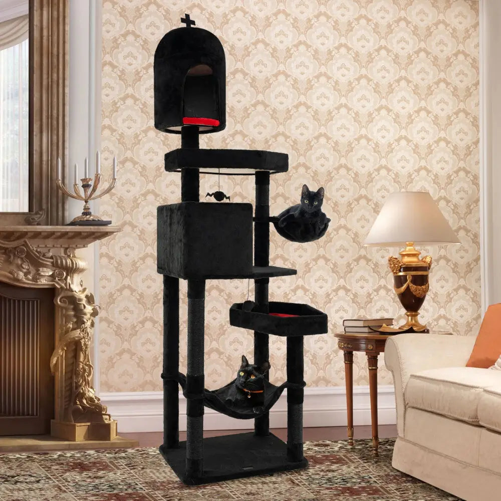 Gothic Cat Tree with 2 Cat Condos and Coffin Bed for Indoor Cats-Black - Black - Cat Trees Condos & Scratchers