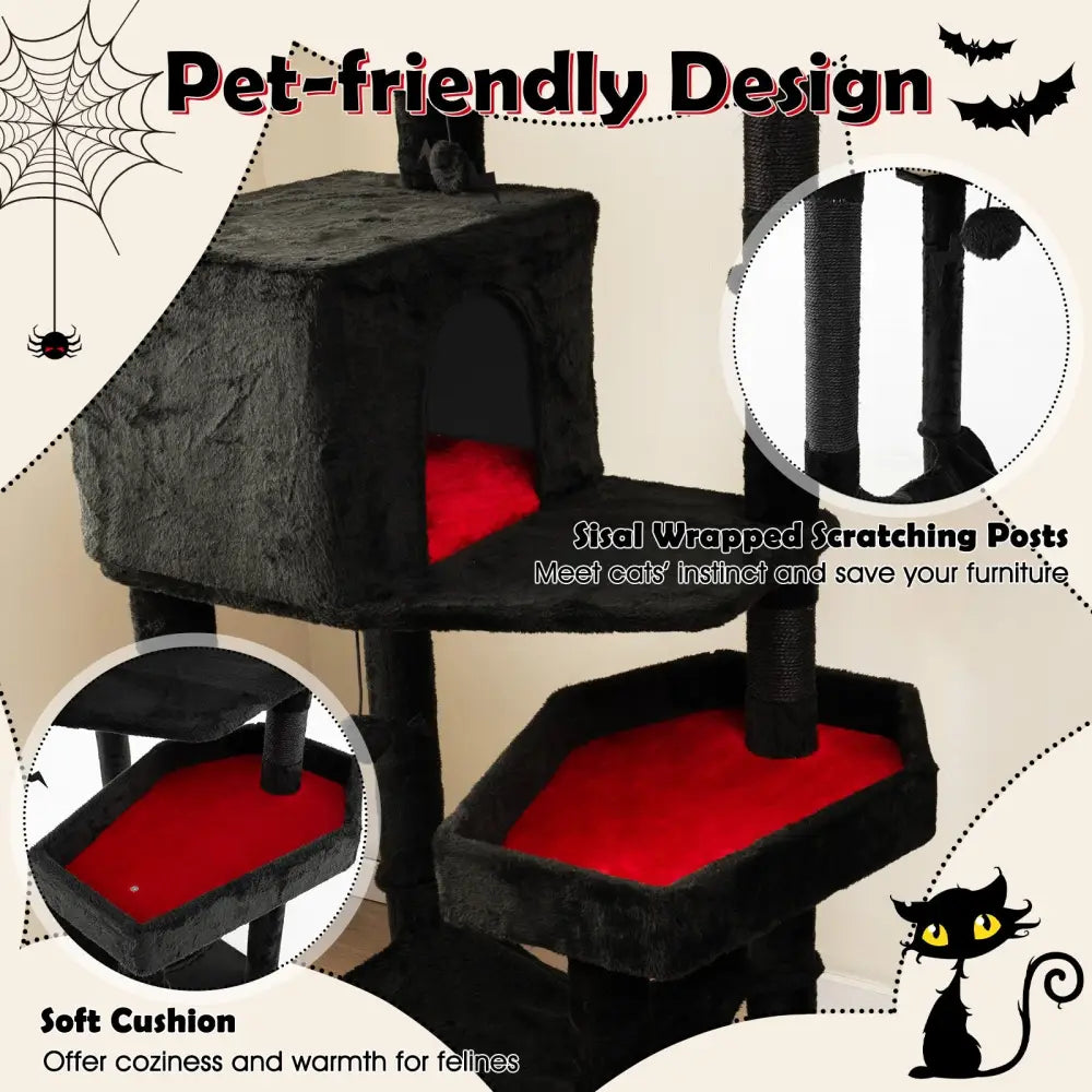 Gothic Cat Tree with 2 Cat Condos and Coffin Bed for Indoor Cats-Black - Black - Cat Trees Condos & Scratchers