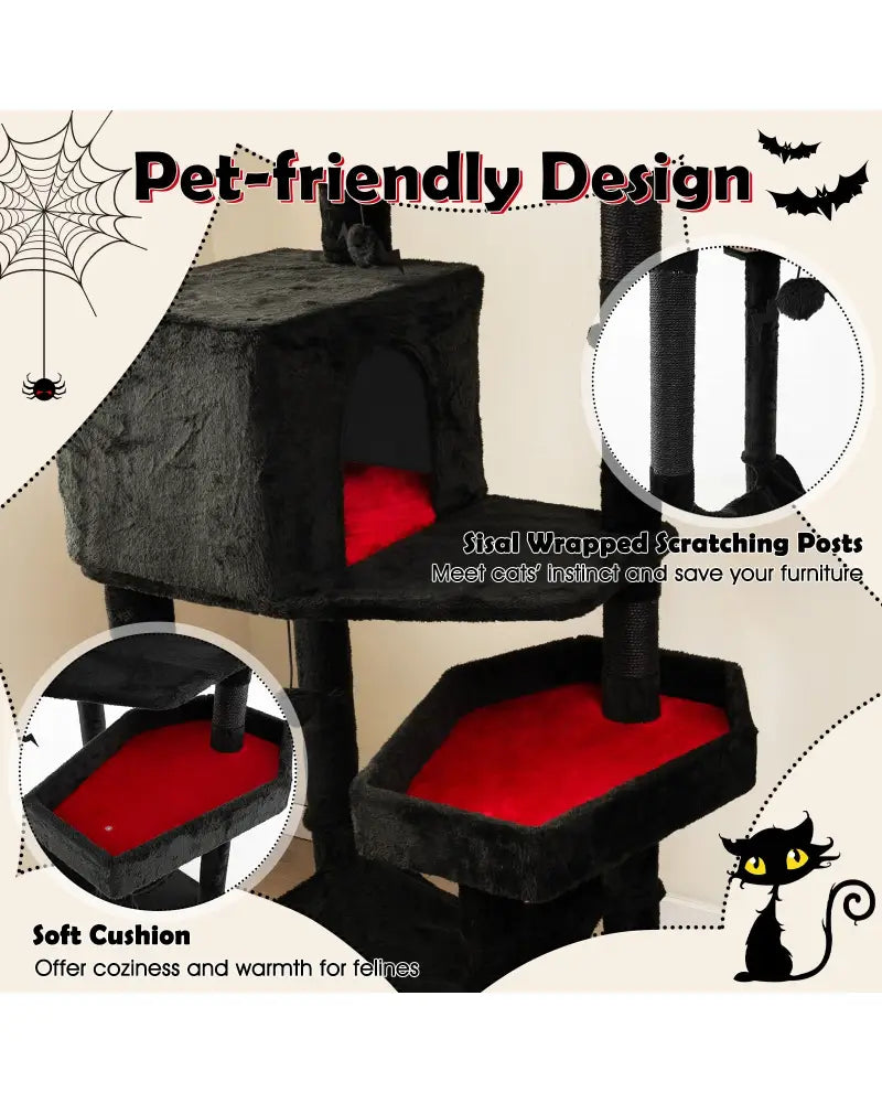 Gothic Cat Tree with 2 Cat Condos and Coffin Bed for Indoor Cats-Black - Black - Cat Trees Condos & Scratchers