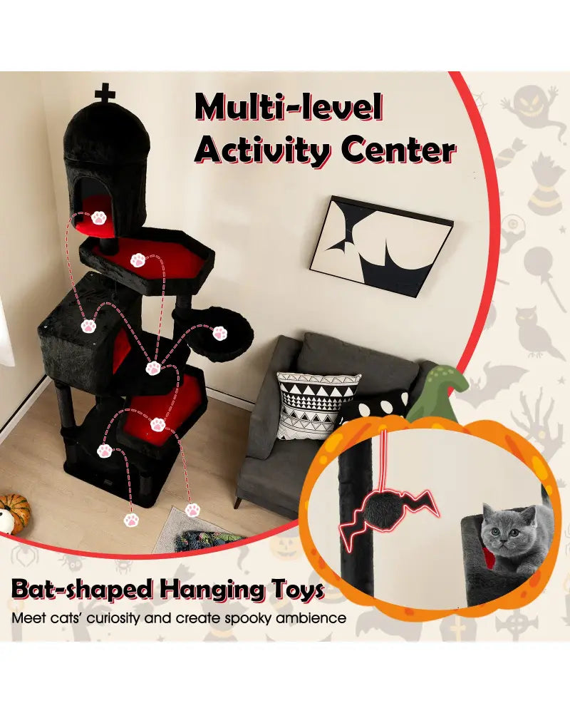 Gothic Cat Tree with 2 Cat Condos and Coffin Bed for Indoor Cats-Black - Black - Cat Trees Condos & Scratchers