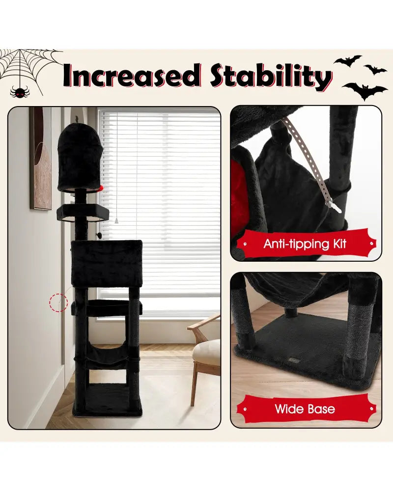 Gothic Cat Tree with 2 Cat Condos and Coffin Bed for Indoor Cats-Black - Black - Cat Trees Condos & Scratchers