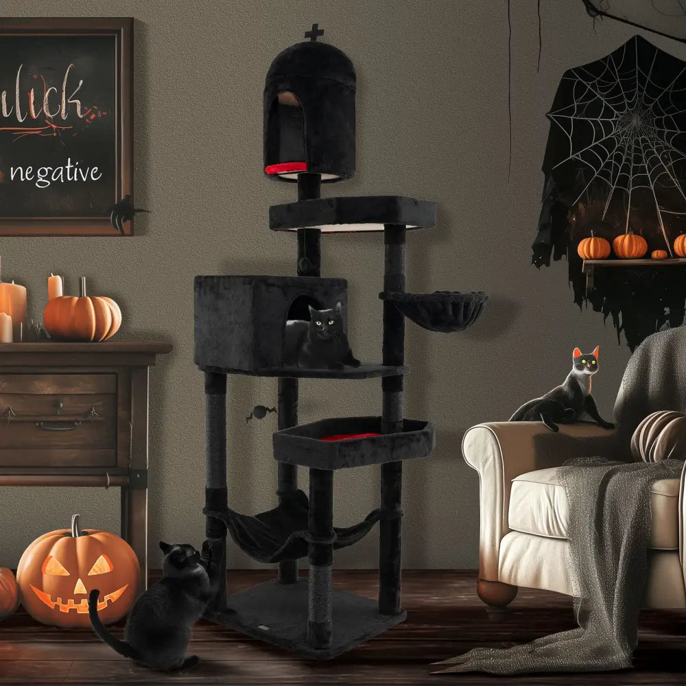 Gothic Cat Tree with 2 Cat Condos and Coffin Bed for Indoor Cats-Black - Black - Cat Trees Condos & Scratchers