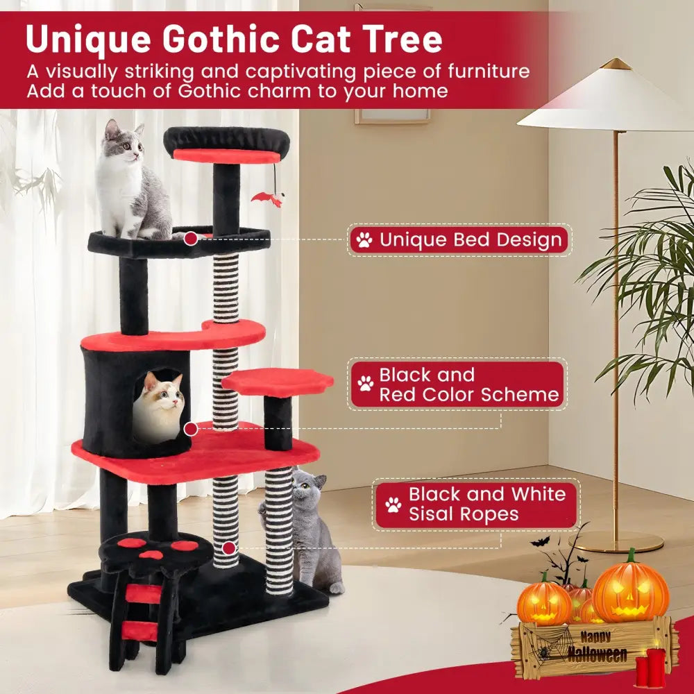 Gothic Cat Tree with Cat Bed Cat Condo and Sisal Scratching Post-Black & Red - Black & Red - Cat Trees Condos &