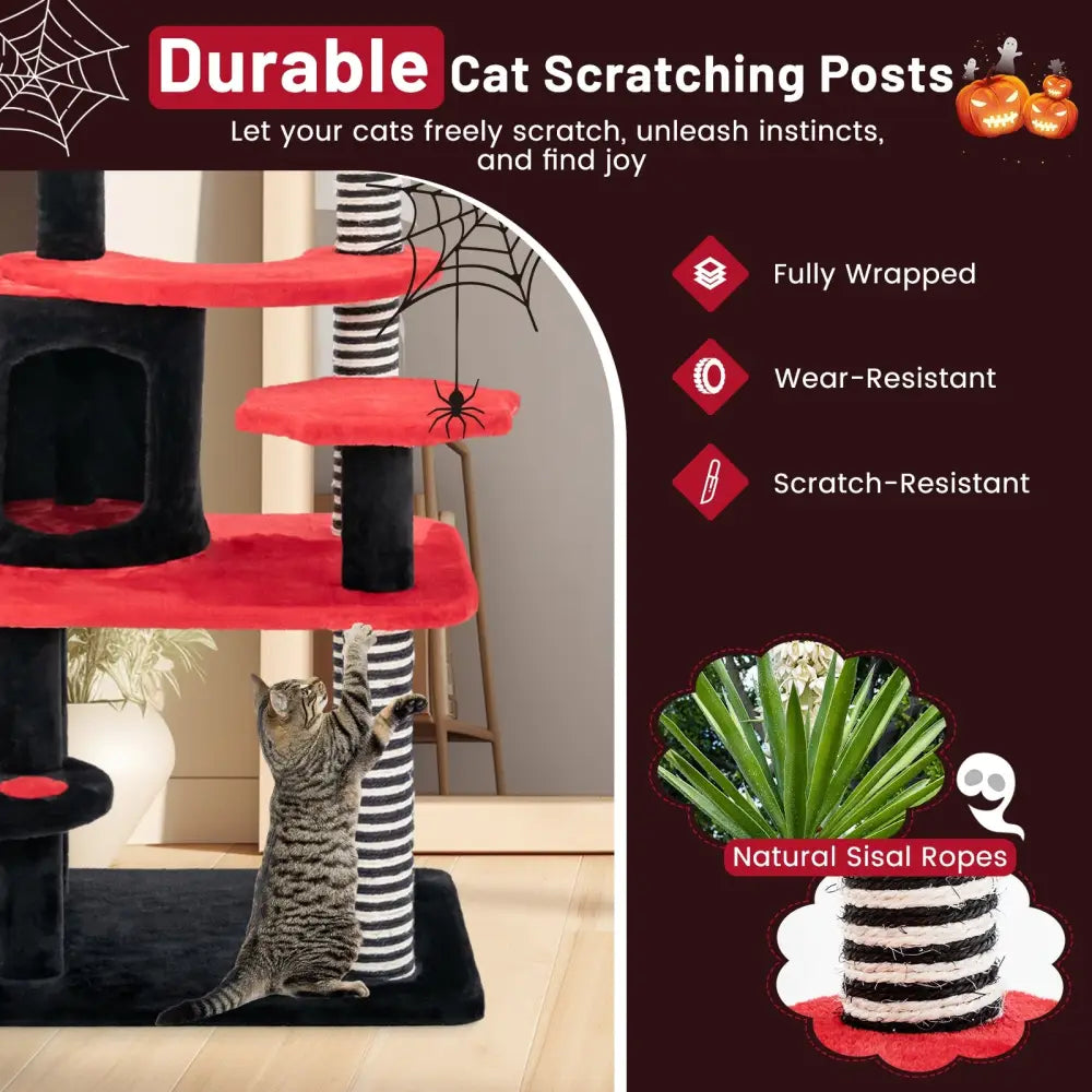 Gothic Cat Tree with Cat Bed Cat Condo and Sisal Scratching Post-Black & Red - Black & Red - Cat Trees Condos &