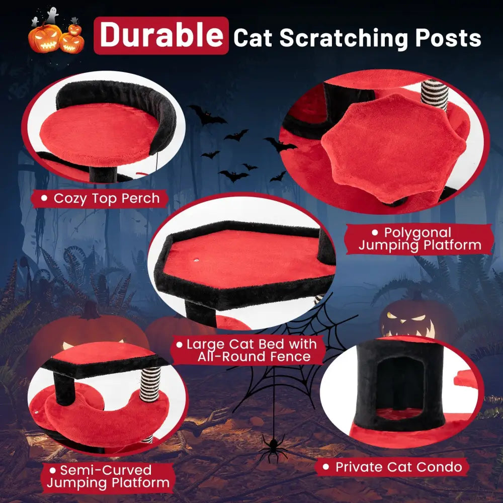 Gothic Cat Tree with Cat Bed Cat Condo and Sisal Scratching Post-Black & Red - Black & Red - Cat Trees Condos &