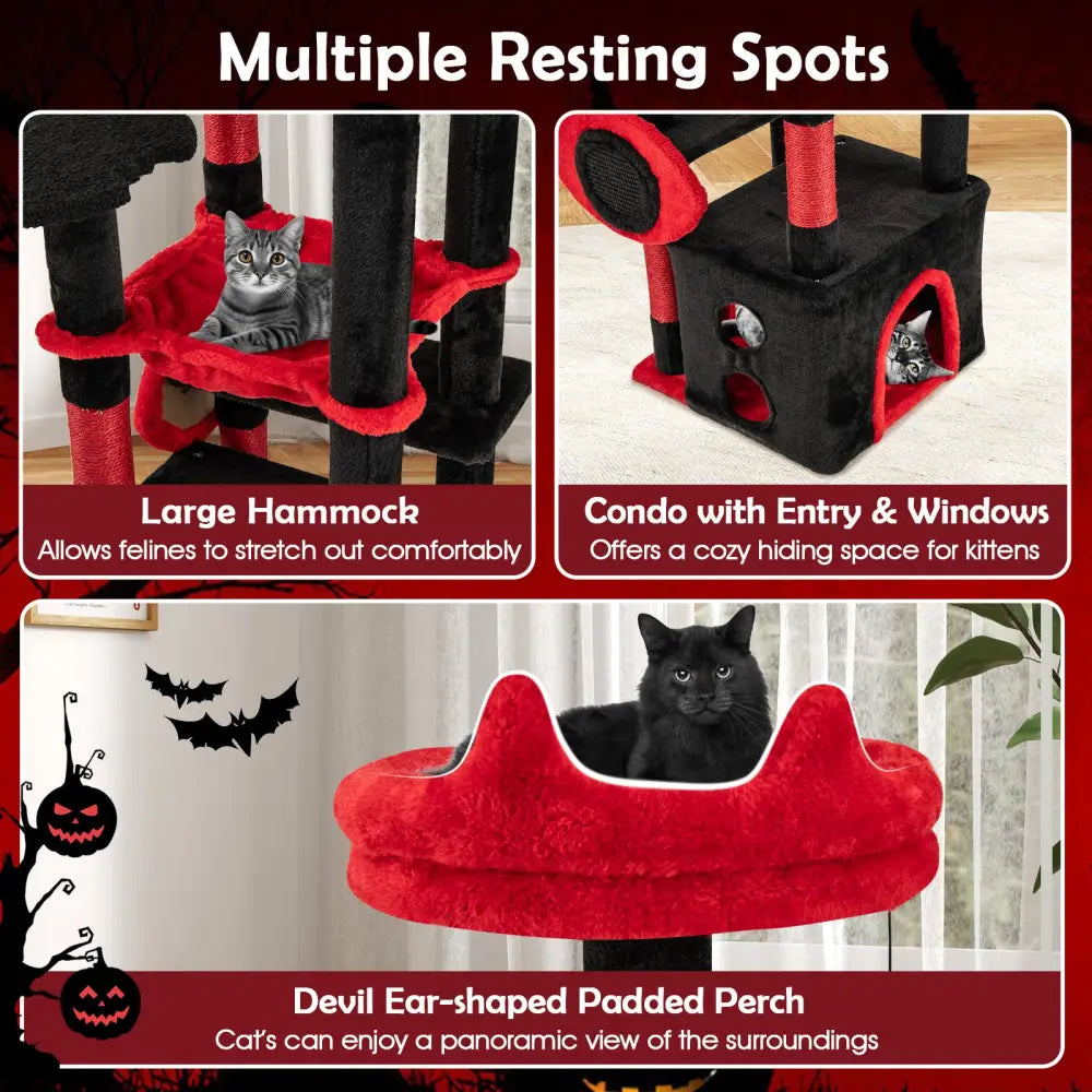 Gothic Cat Tree with Plush Perch and Spider Dangling Toy-Black & Red - Black & Red - Cat Trees Condos & Scratchers