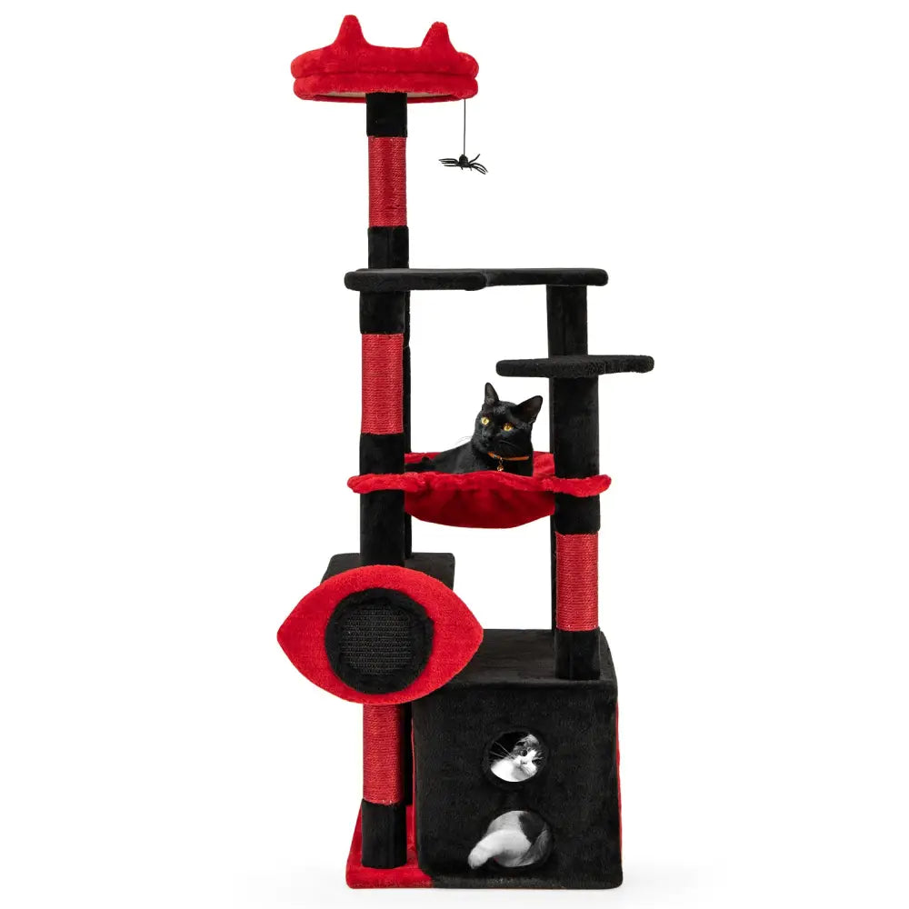 Gothic Cat Tree with Plush Perch and Spider Dangling Toy-Black & Red - Black & Red - Cat Trees Condos & Scratchers