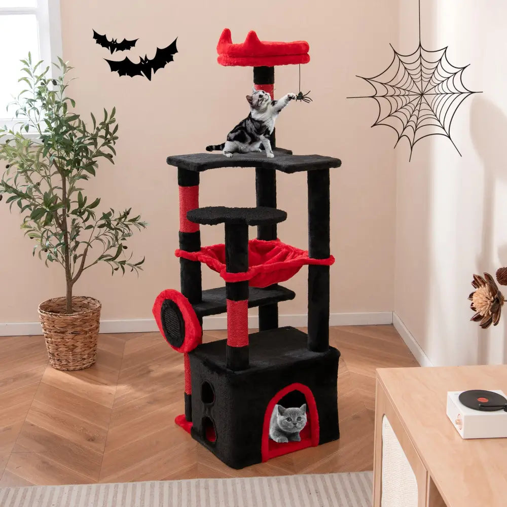Gothic Cat Tree with Plush Perch and Spider Dangling Toy-Black & Red - Black & Red - Cat Trees Condos & Scratchers