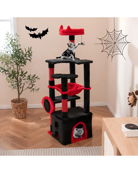 Gothic Cat Tree with Plush Perch and Spider Dangling Toy-Black & Red - Black & Red - Cat Trees Condos & Scratchers