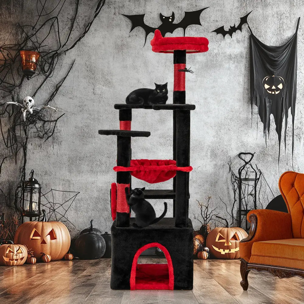 Gothic Cat Tree with Plush Perch and Spider Dangling Toy-Black & Red - Black & Red - Cat Trees Condos & Scratchers