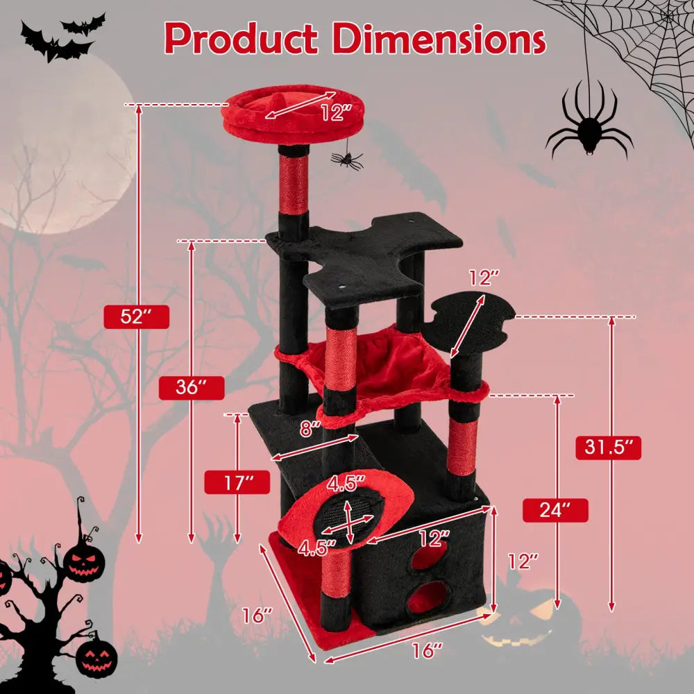 Gothic Cat Tree with Plush Perch and Spider Dangling Toy-Black & Red - Black & Red - Cat Trees Condos & Scratchers