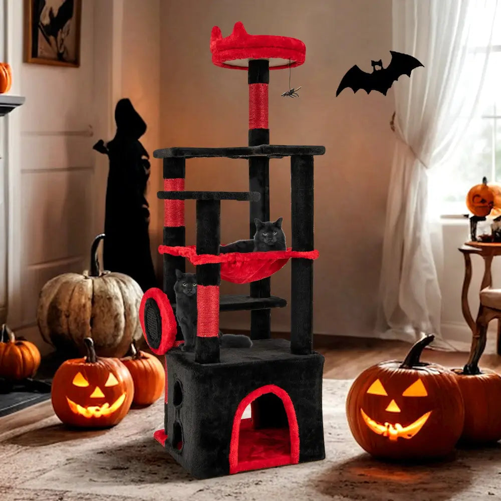Gothic Cat Tree with Plush Perch and Spider Dangling Toy-Black & Red - Black & Red - Cat Trees Condos & Scratchers
