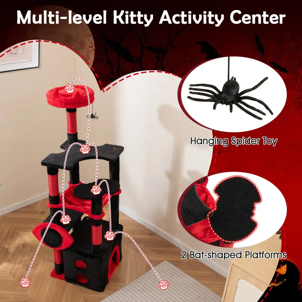 Gothic Cat Tree with Plush Perch and Spider Dangling Toy-Black & Red - Black & Red - Cat Trees Condos & Scratchers