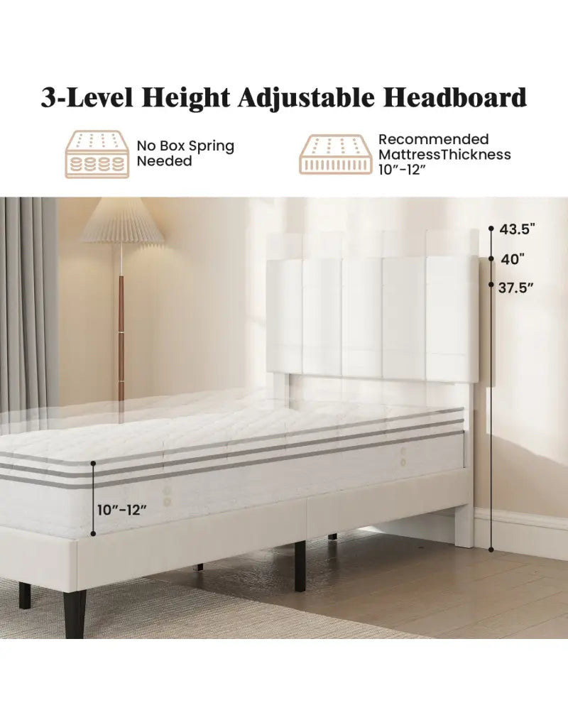 Gray Linen Upholstered Platform Bed with Height Adjustable Vertical Channel Headboard-Twin Size - Simple Bed Frame
