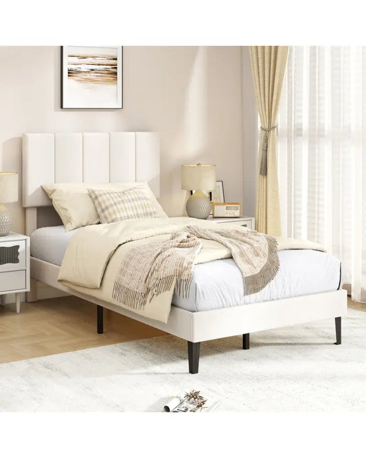 Gray Linen Upholstered Platform Bed with Height Adjustable Vertical Channel Headboard-Twin Size - Simple Bed Frame