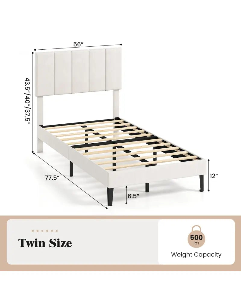 Gray Linen Upholstered Platform Bed with Height Adjustable Vertical Channel Headboard-Twin Size - Simple Bed Frame
