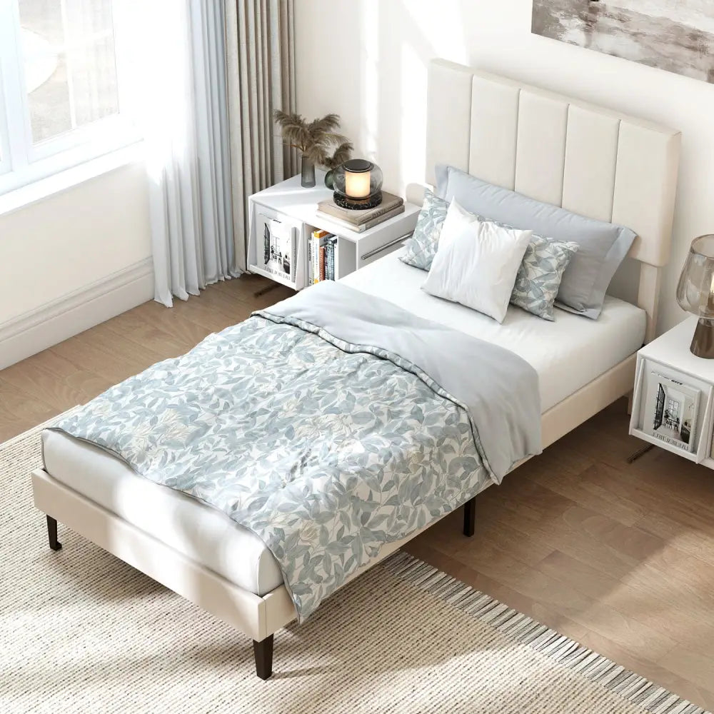 Gray Linen Upholstered Platform Bed with Height Adjustable Vertical Channel Headboard-Twin Size - Simple Bed Frame