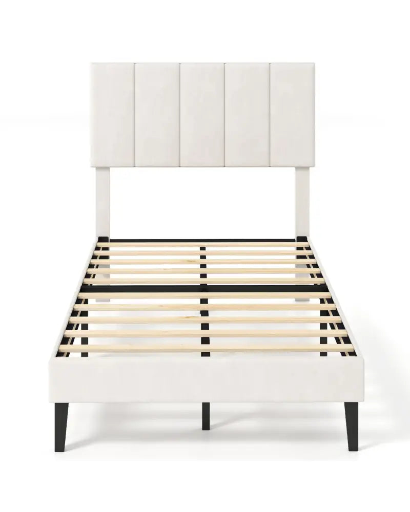 Gray Linen Upholstered Platform Bed with Height Adjustable Vertical Channel Headboard-Twin Size - Simple Bed Frame