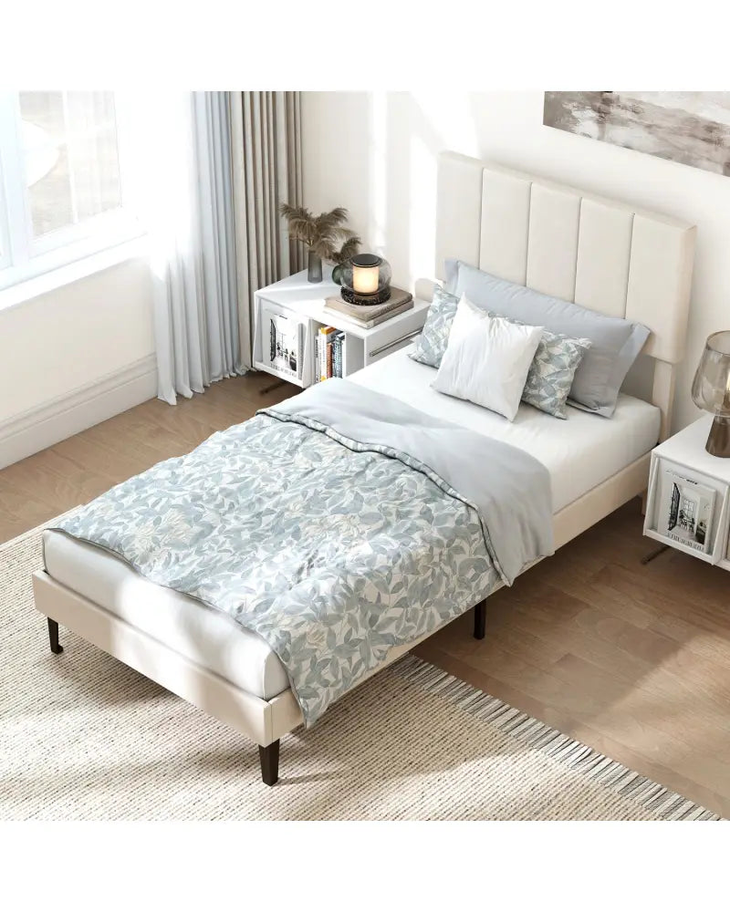 Gray Linen Upholstered Platform Bed with Height Adjustable Vertical Channel Headboard-Twin Size - Simple Bed Frame