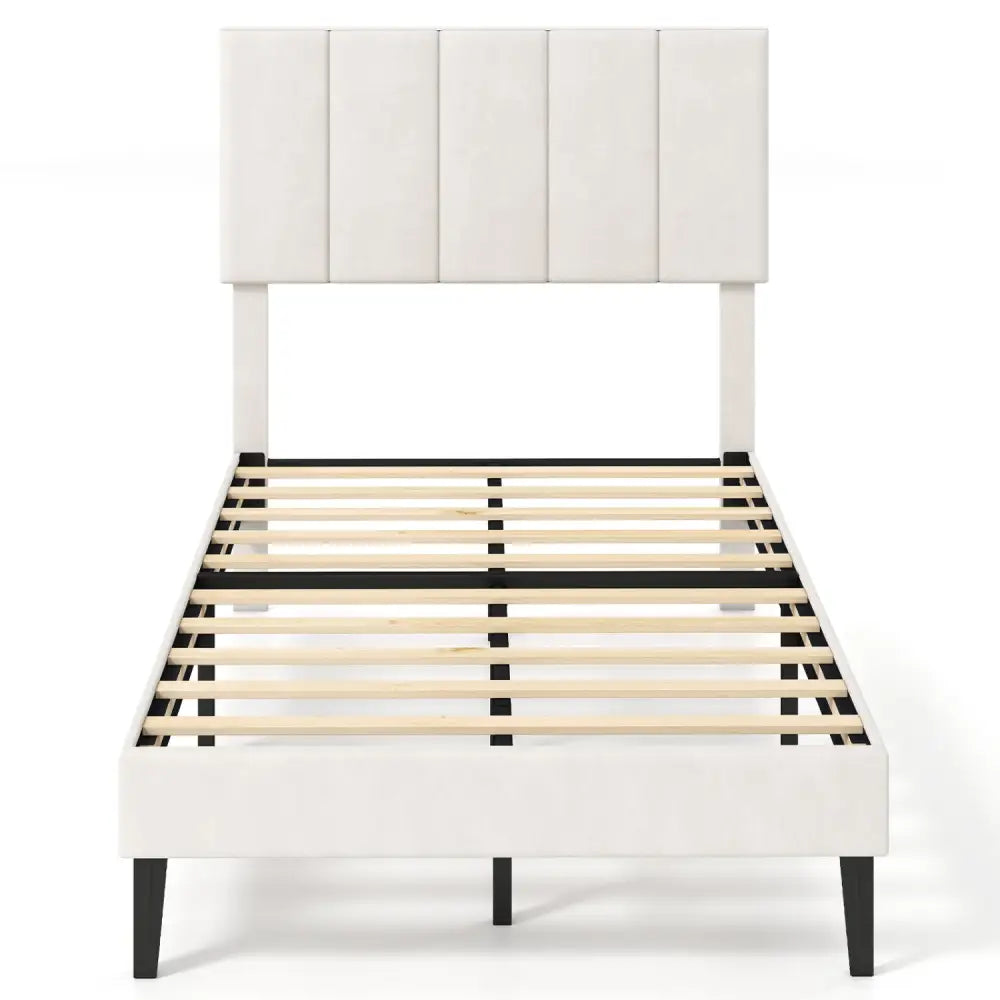 Gray Linen Upholstered Platform Bed with Height Adjustable Vertical Channel Headboard-Twin Size - Simple Bed Frame