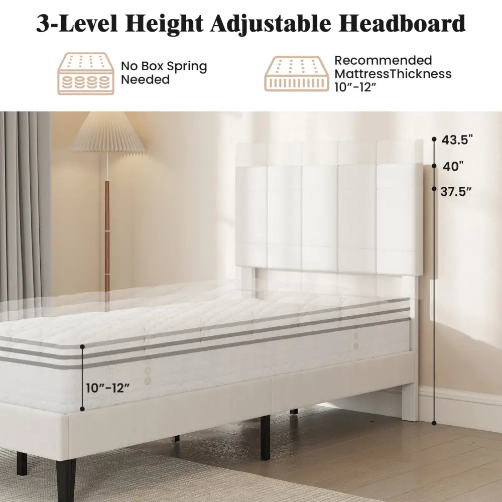 Gray Linen Upholstered Platform Bed with Height Adjustable Vertical Channel Headboard-Twin Size - Simple Bed Frame