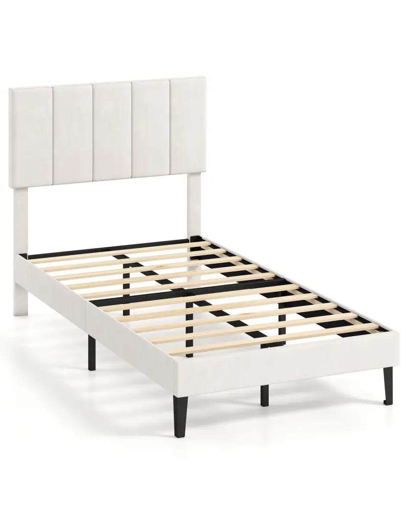 Gray Linen Upholstered Platform Bed with Height Adjustable Vertical Channel Headboard-Twin Size - Simple Bed Frame