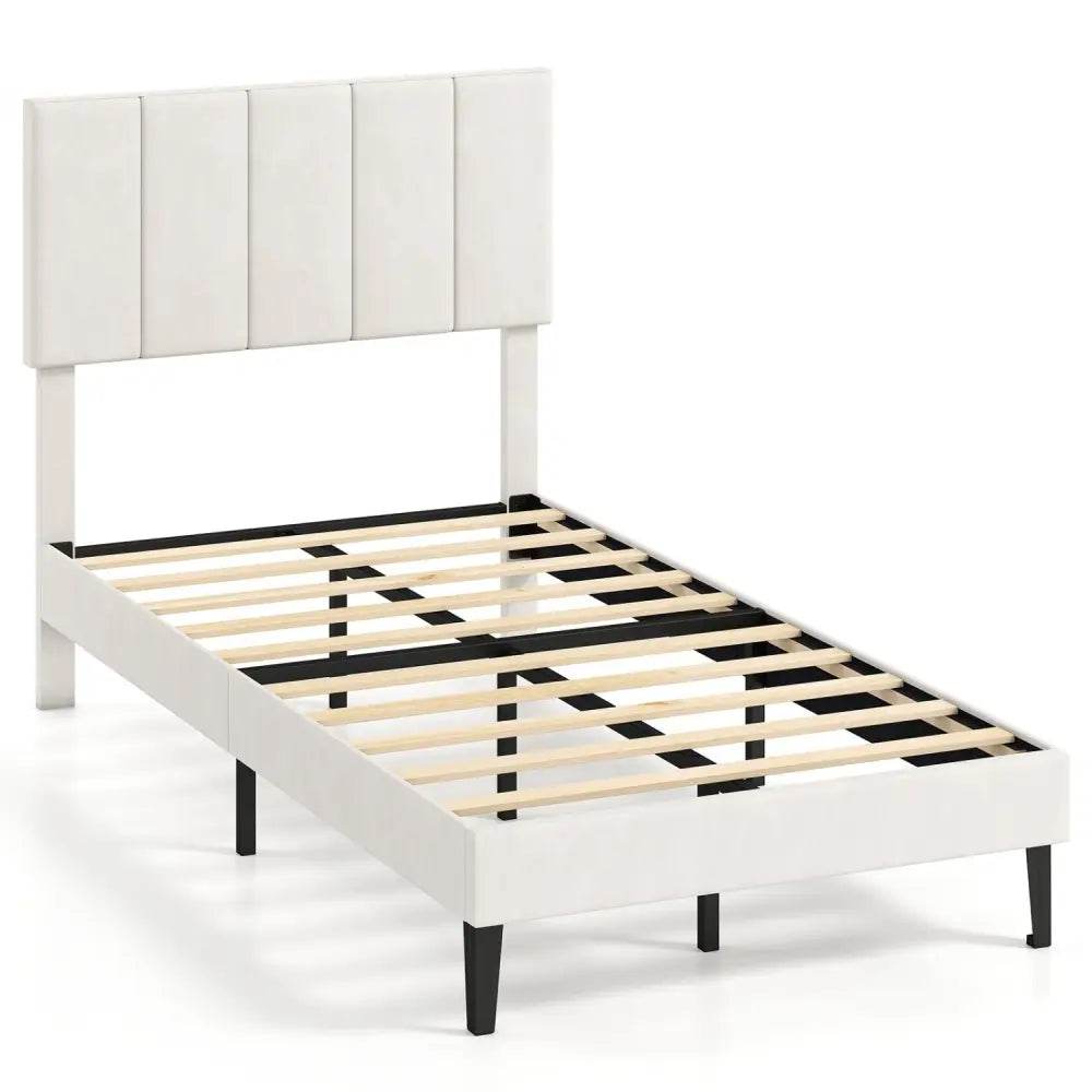 Gray Linen Upholstered Platform Bed with Height Adjustable Vertical Channel Headboard-Twin Size - Simple Bed Frame