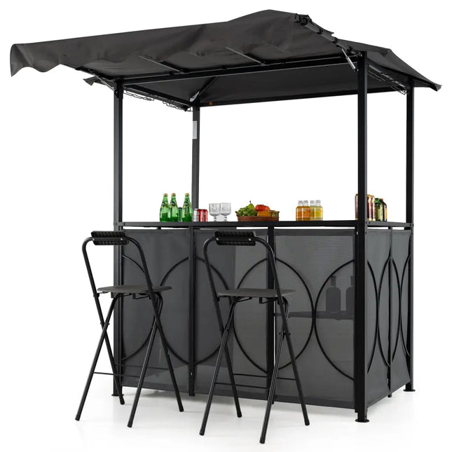 Grill Gazebo with Awning 3-Piece Outdoor BBQ Canopy Double-Tier Soft Top Barbecue Shelter-Gray - Gray - Patio Bar