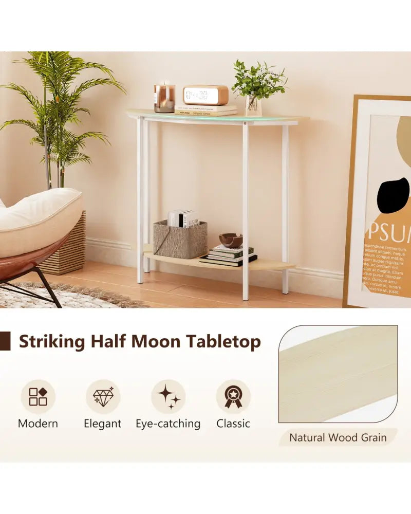 Half Moon Console Table 40 inch 2-Tier Entryway Table with Storage Shelf-Oak - Oak - Console Tables