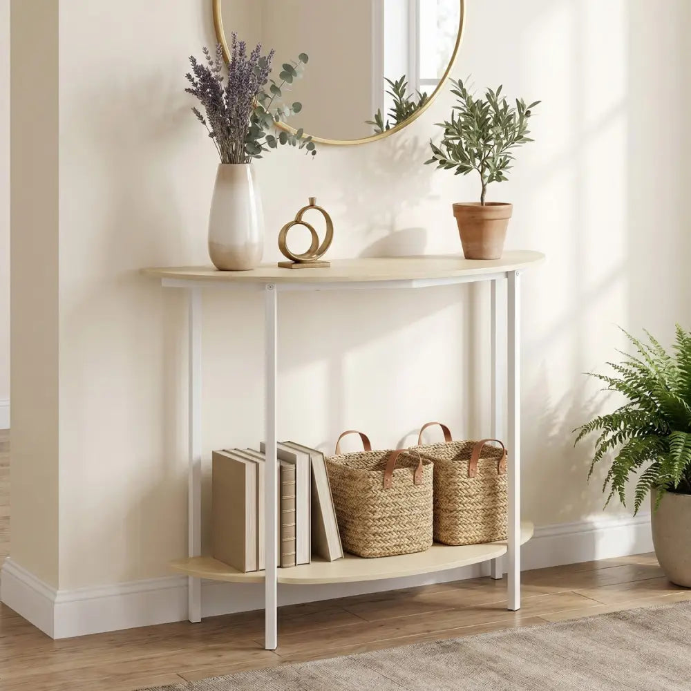 Half Moon Console Table 40 inch 2-Tier Entryway Table with Storage Shelf-Oak - Oak - Console Tables