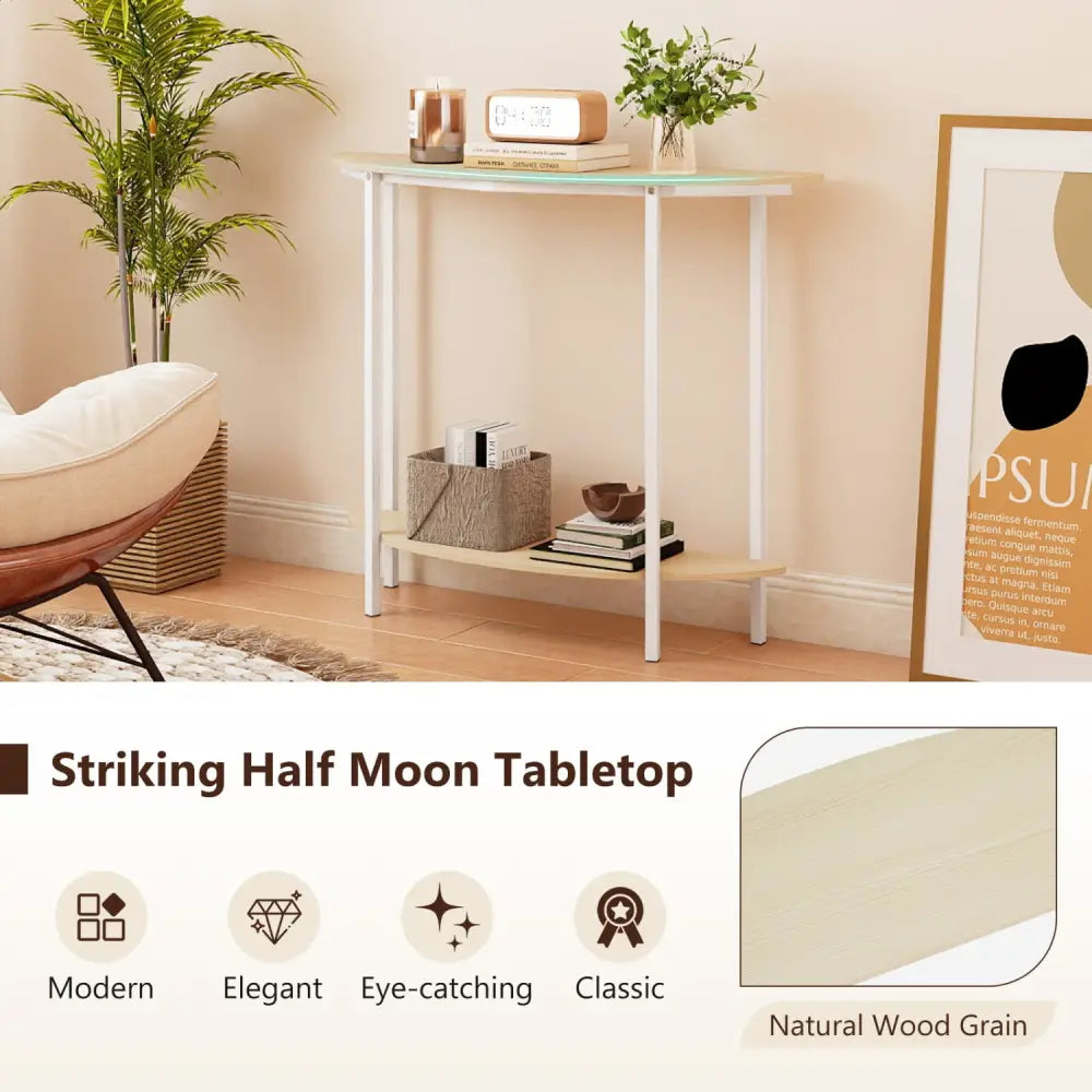 Half Moon Console Table 40 inch 2-Tier Entryway Table with Storage Shelf-Oak - Oak - Console Tables