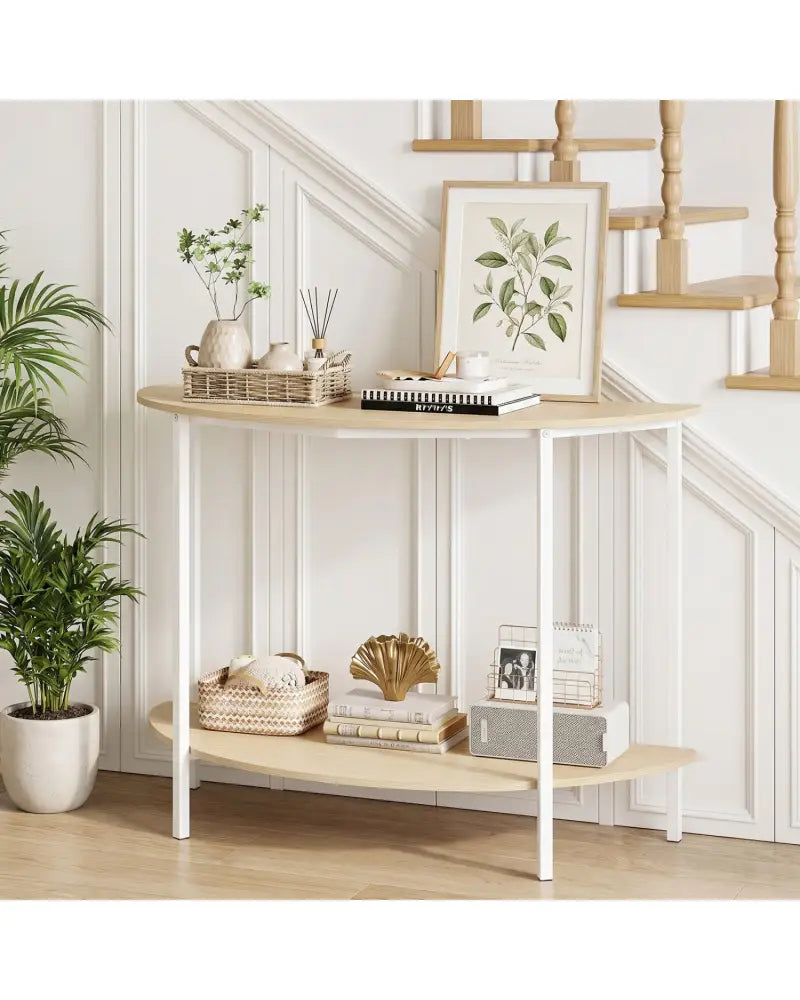 Half Moon Console Table 40 inch 2-Tier Entryway Table with Storage Shelf-Oak - Oak - Console Tables