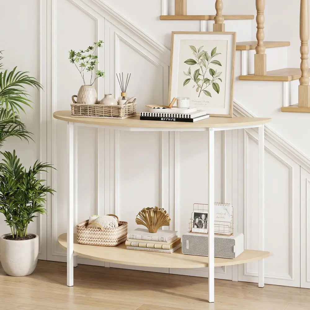 Half Moon Console Table 40 inch 2-Tier Entryway Table with Storage Shelf-Oak - Oak - Console Tables
