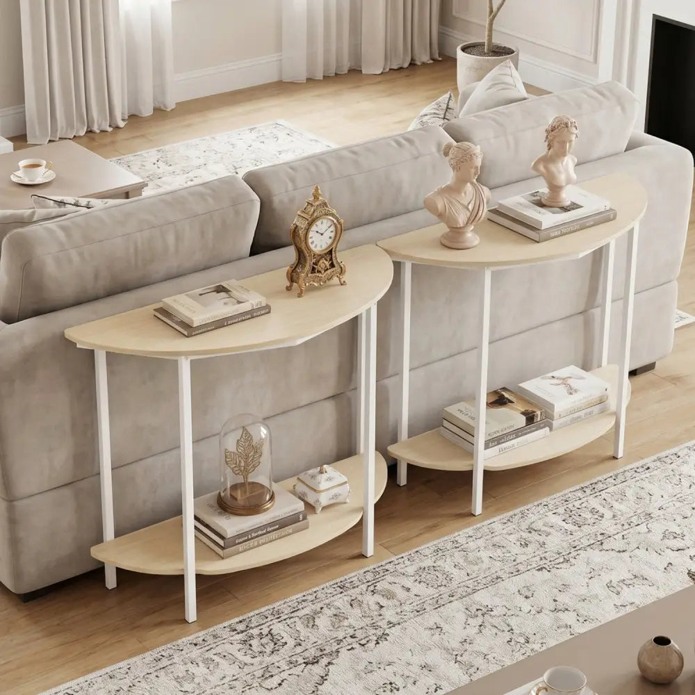 Half Moon Console Table 40 inch 2-Tier Entryway Table with Storage Shelf-Oak - Oak - Console Tables