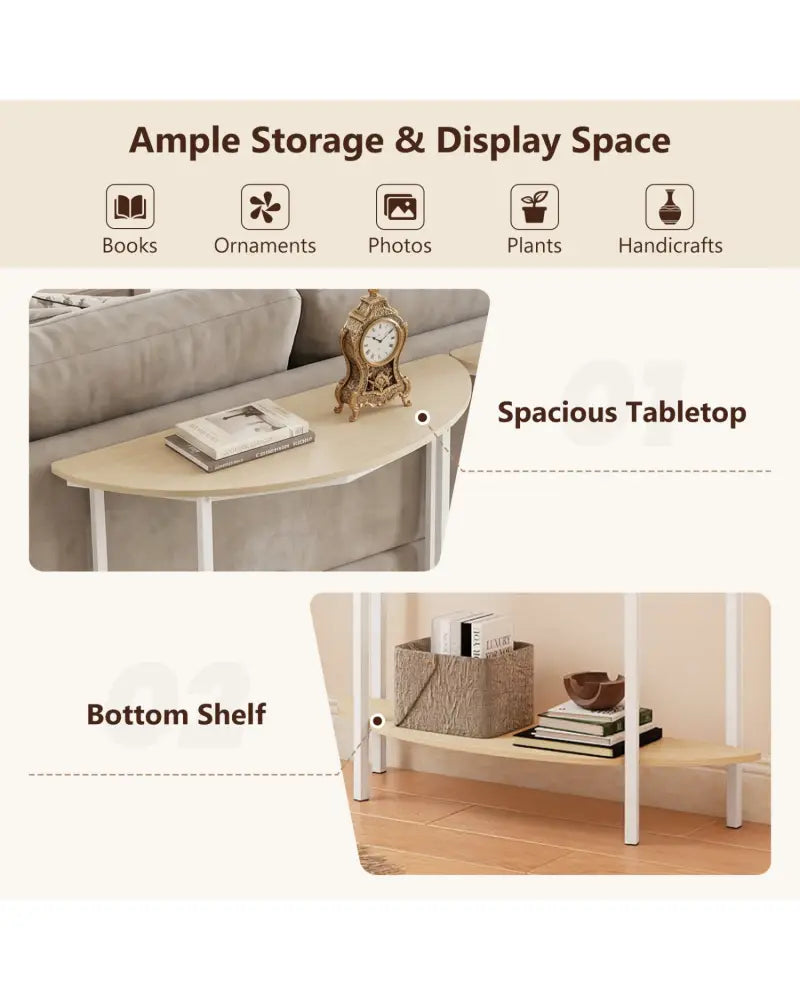 Half Moon Console Table 40 inch 2-Tier Entryway Table with Storage Shelf-Oak - Oak - Console Tables