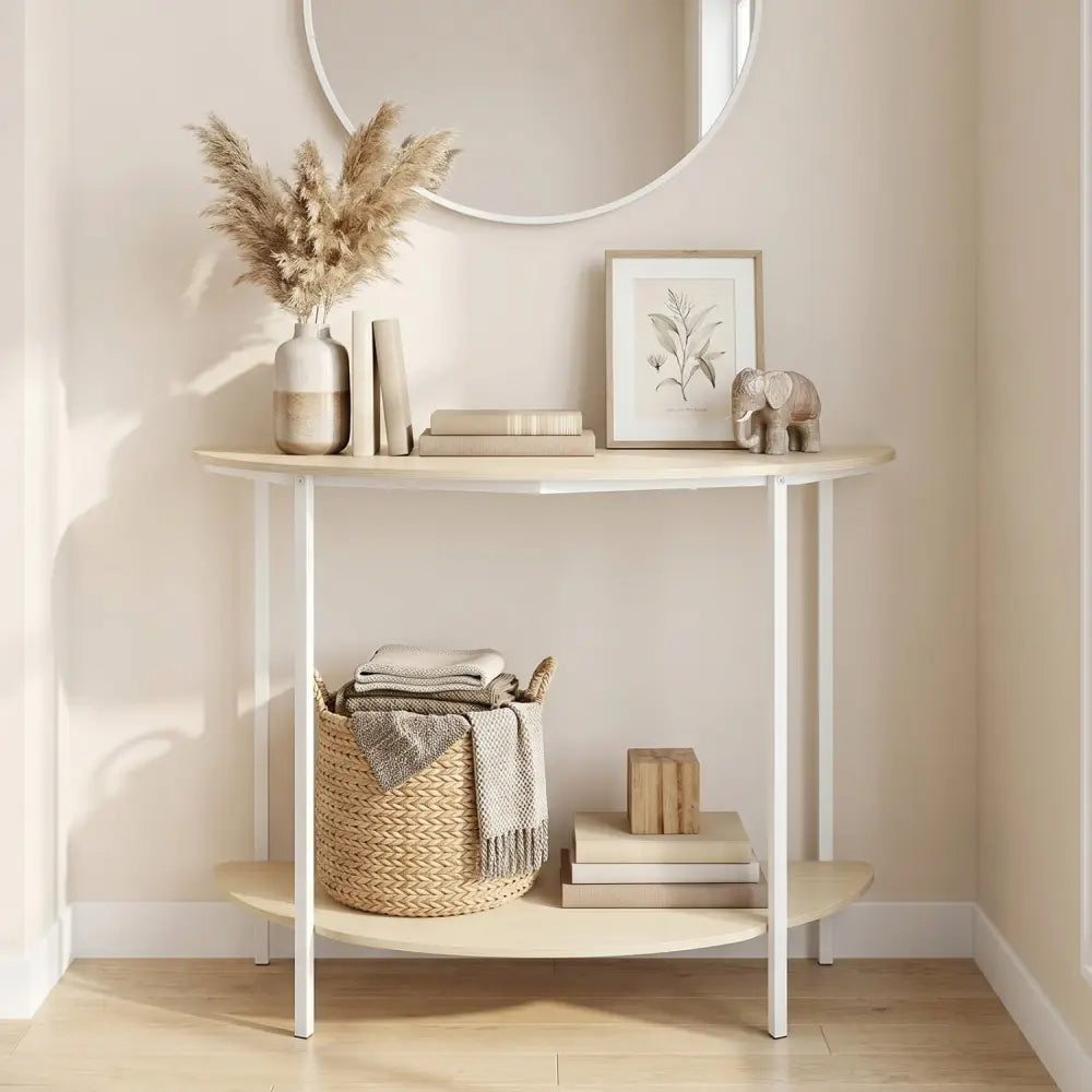 Half Moon Console Table 40 inch 2-Tier Entryway Table with Storage Shelf-Oak - Oak - Console Tables