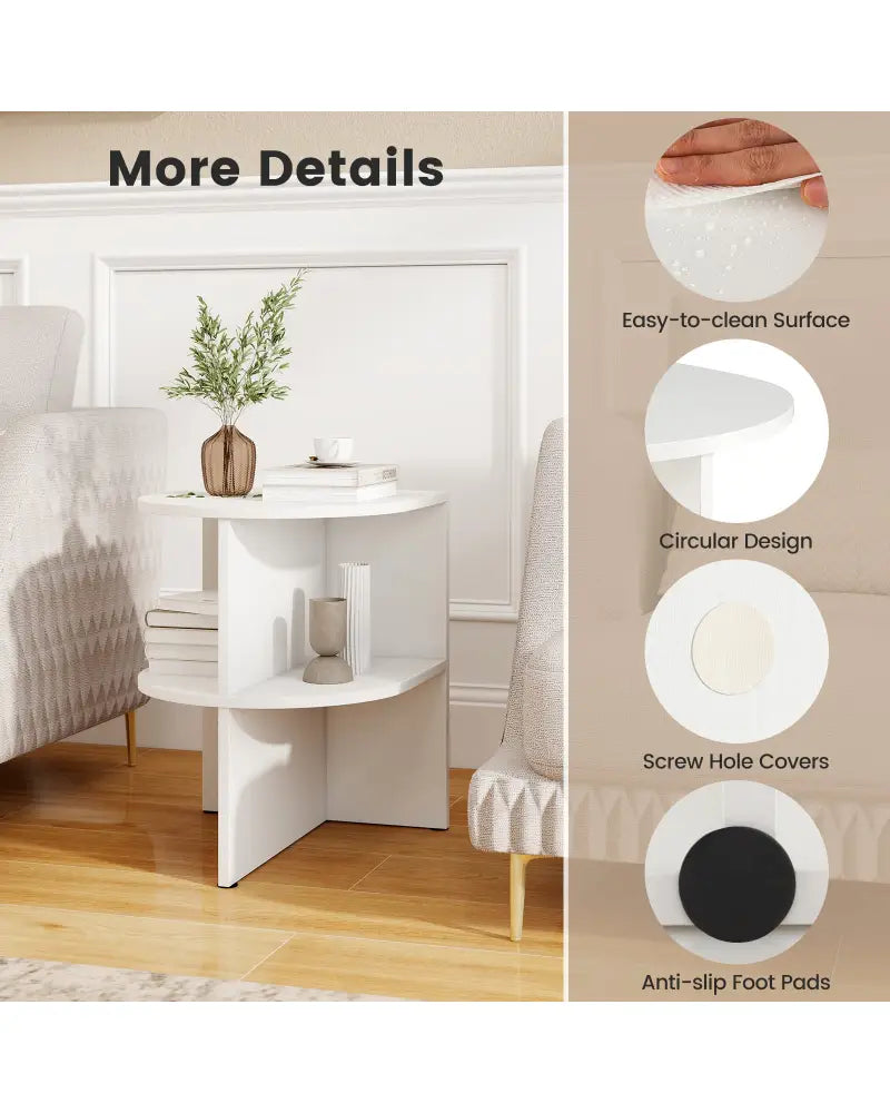 Half Round End Table with Open Shelves for Small Space-White - White - End & Side Tables