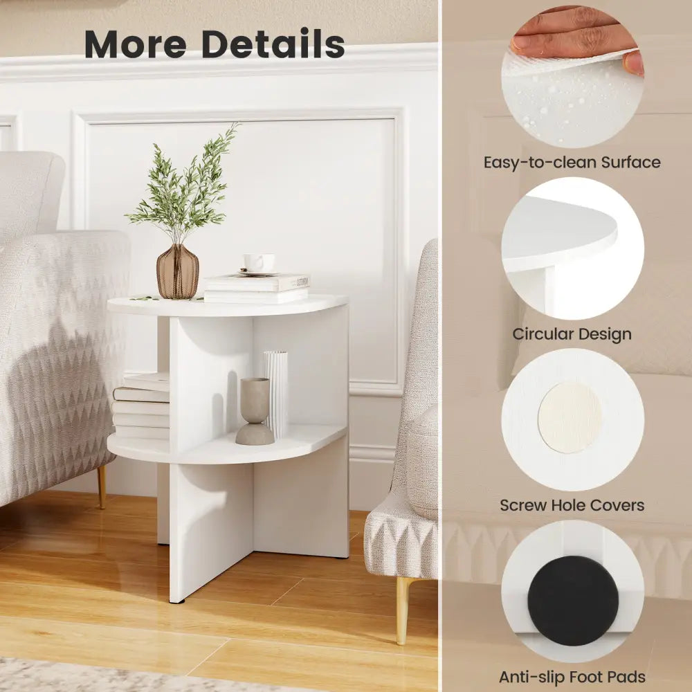 Half Round End Table with Open Shelves for Small Space-White - White - End & Side Tables