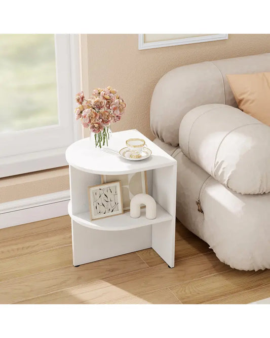Half Round End Table with Open Shelves for Small Space-White - White - End & Side Tables