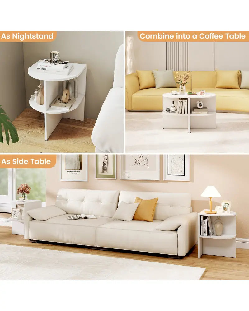 Half Round End Table with Open Shelves for Small Space-White - White - End & Side Tables