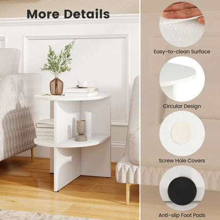Half Round End Table with Open Shelves for Small Space-White - White - End & Side Tables