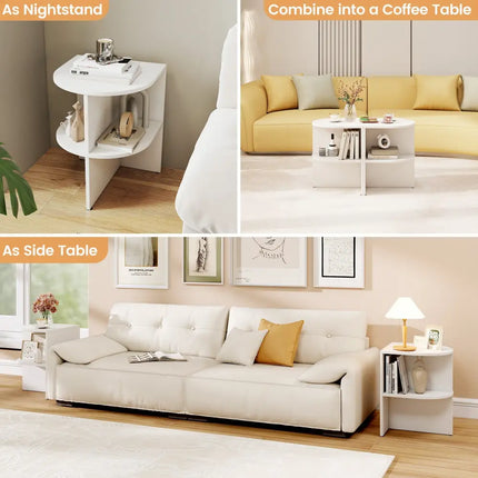 Half Round End Table with Open Shelves for Small Space-White - White - End & Side Tables