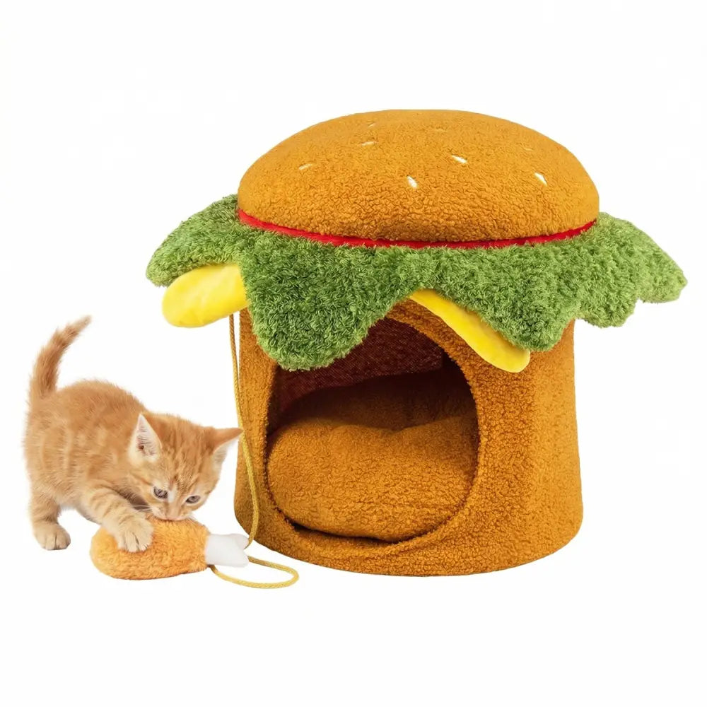 Hamburger Cat Nest with Chicken Drumstick Toy and Removable Cushion for Indoor Cats-Yellow - Yellow - Cat Houses