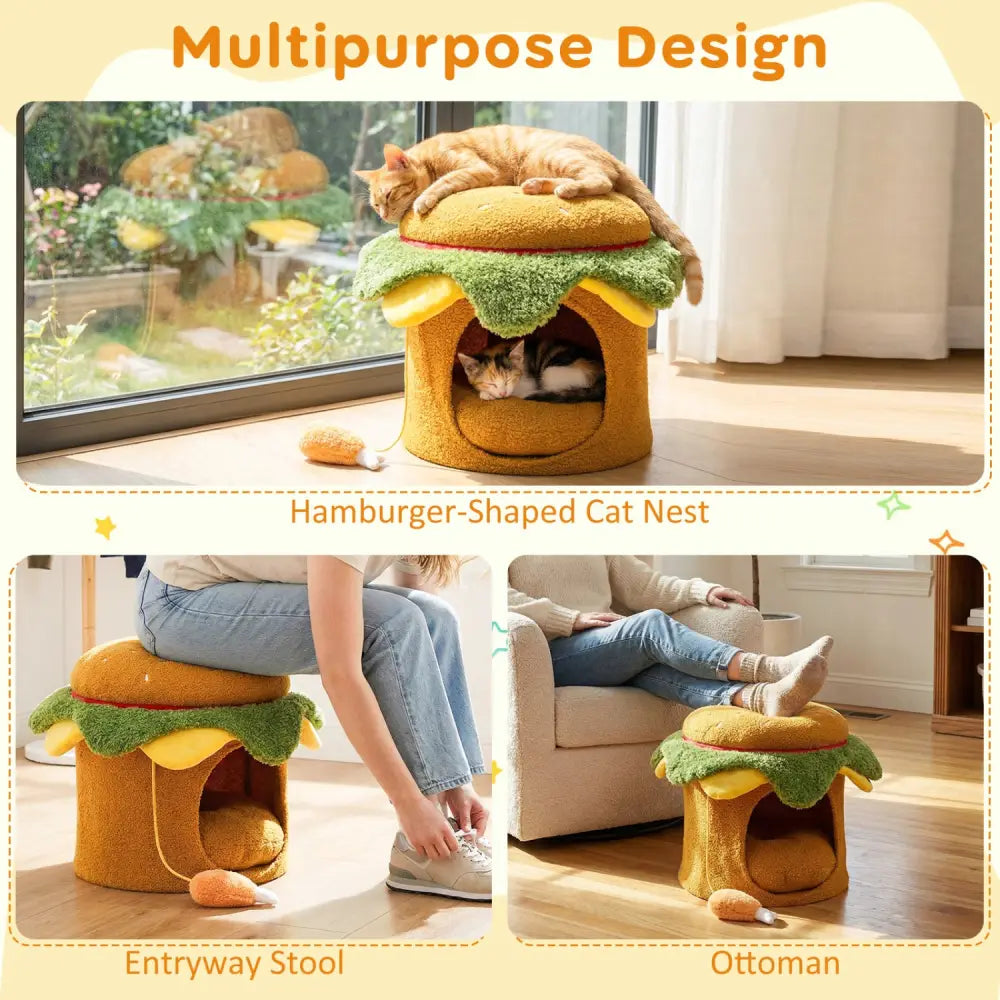 Hamburger Cat Nest with Chicken Drumstick Toy and Removable Cushion for Indoor Cats-Yellow - Yellow - Cat Houses