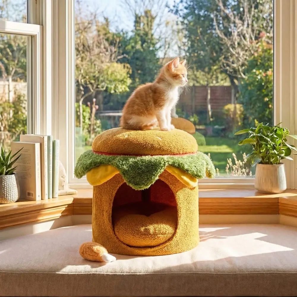 Hamburger Cat Nest with Chicken Drumstick Toy and Removable Cushion for Indoor Cats-Yellow - Yellow - Cat Houses
