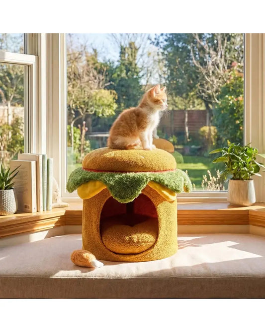 Hamburger Cat Nest with Chicken Drumstick Toy and Removable Cushion for Indoor Cats-Yellow - Yellow - Cat Houses