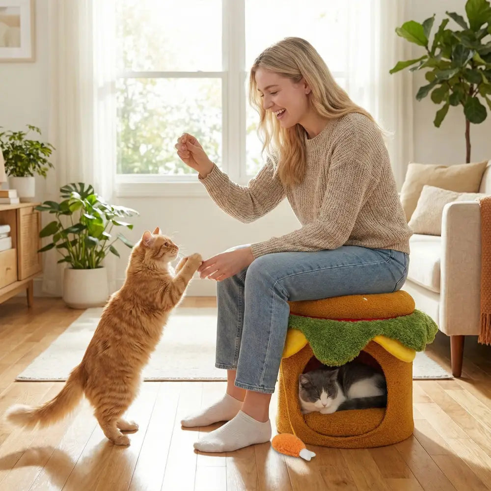 Hamburger Cat Nest with Chicken Drumstick Toy and Removable Cushion for Indoor Cats-Yellow - Yellow - Cat Houses