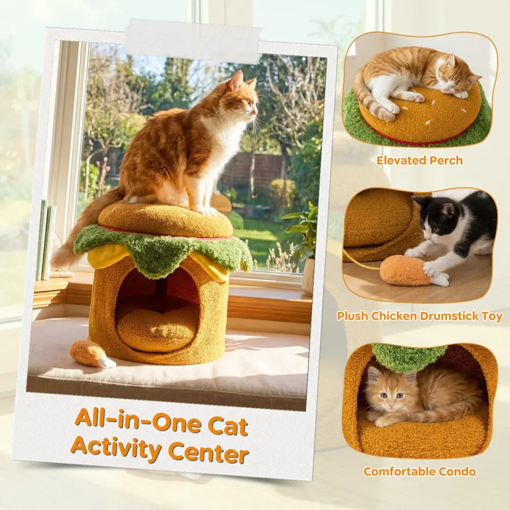 Hamburger Cat Nest with Chicken Drumstick Toy and Removable Cushion for Indoor Cats-Yellow - Yellow - Cat Houses
