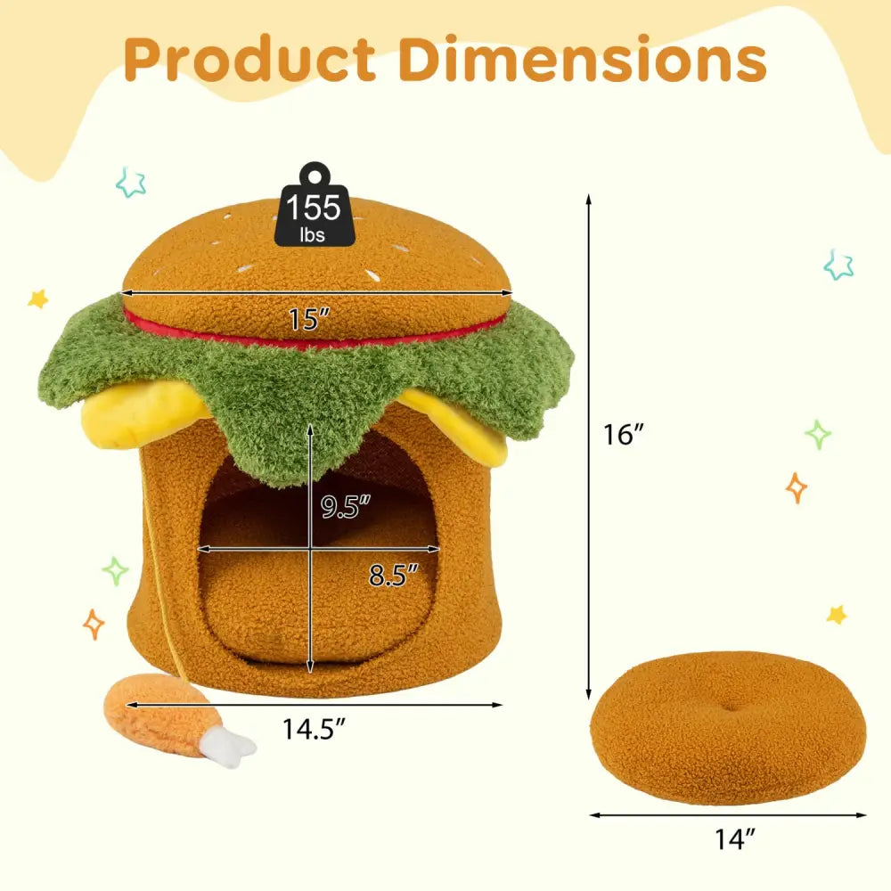 Hamburger Cat Nest with Chicken Drumstick Toy and Removable Cushion for Indoor Cats-Yellow - Yellow - Cat Houses