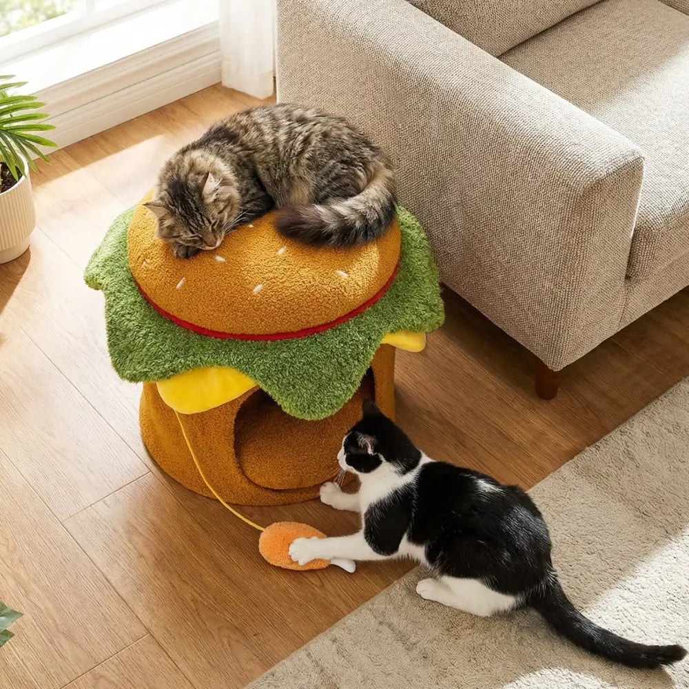 Hamburger Cat Nest with Chicken Drumstick Toy and Removable Cushion for Indoor Cats-Yellow - Yellow - Cat Houses